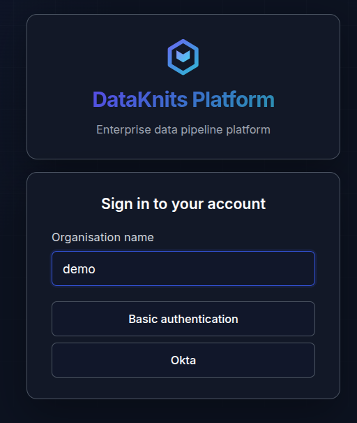 After entering a tenant name, both Basic authentication and Okta buttons are shown