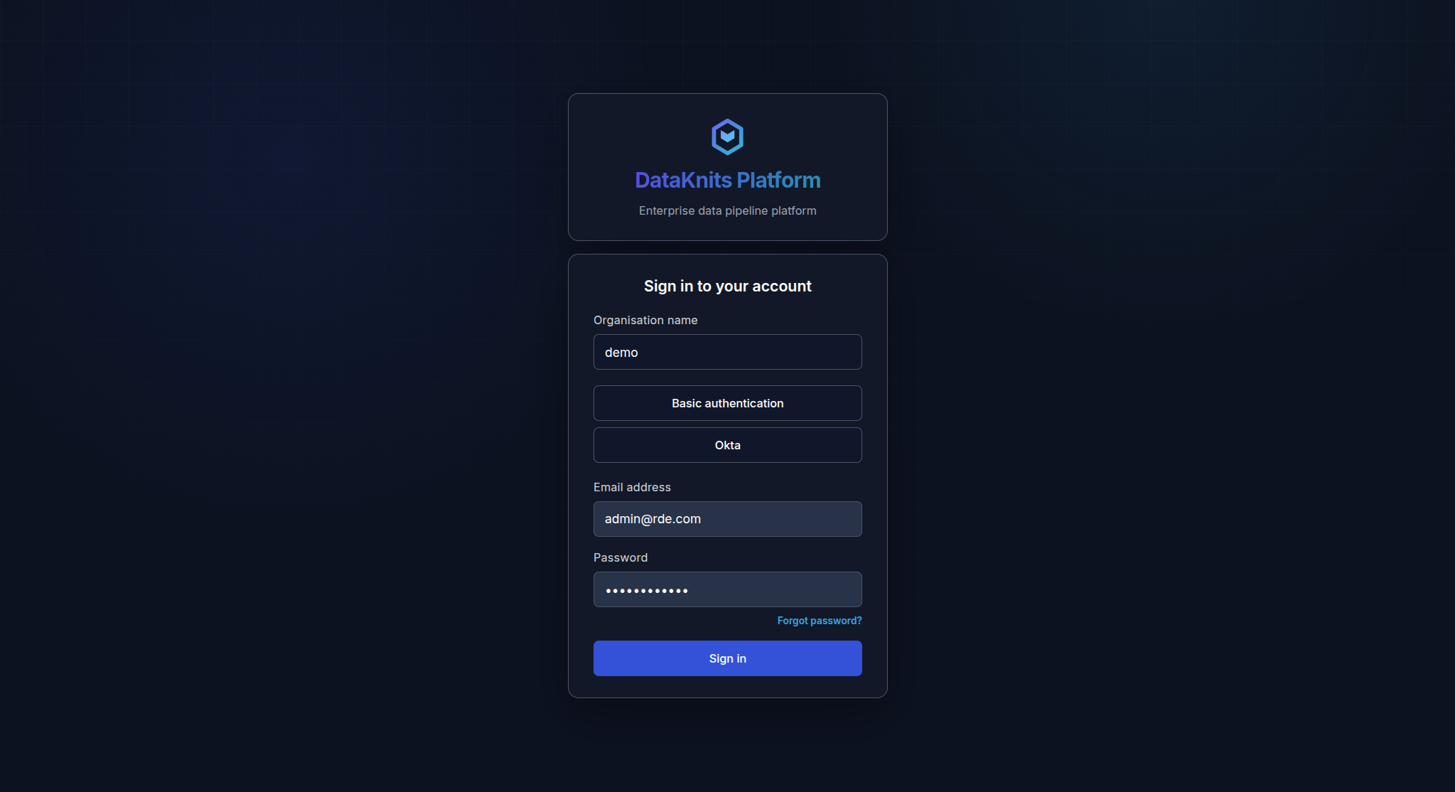 Basic authentication selected, showing email, password, forgot password link, and sign in button